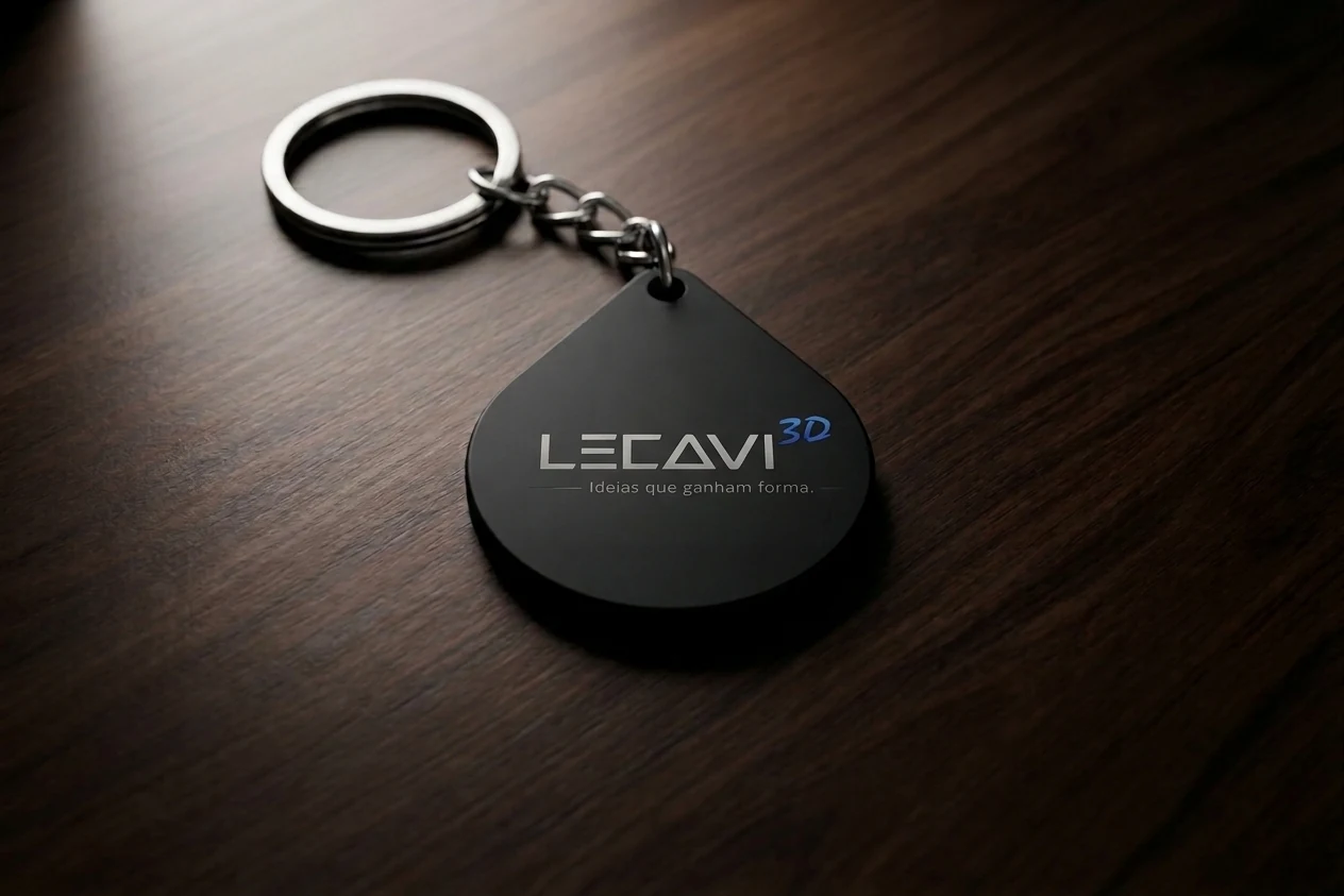 Chaveiro preto com a marca LECAVI sobre uma superfície escura